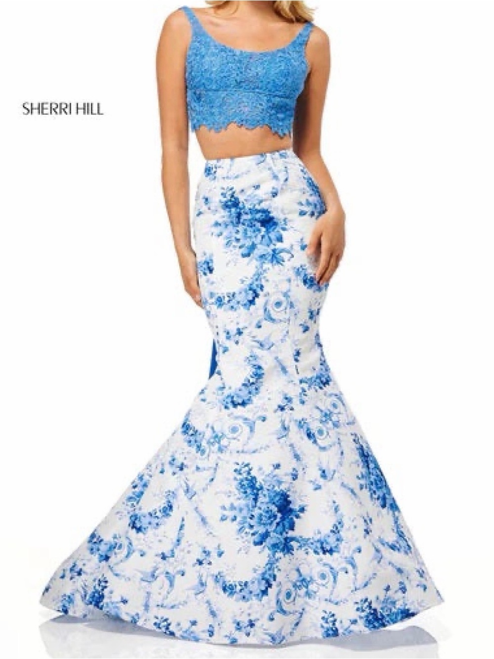 Sherri Hill Blue Lace Crop Top with White and Blue Floral Mermaid Skirt